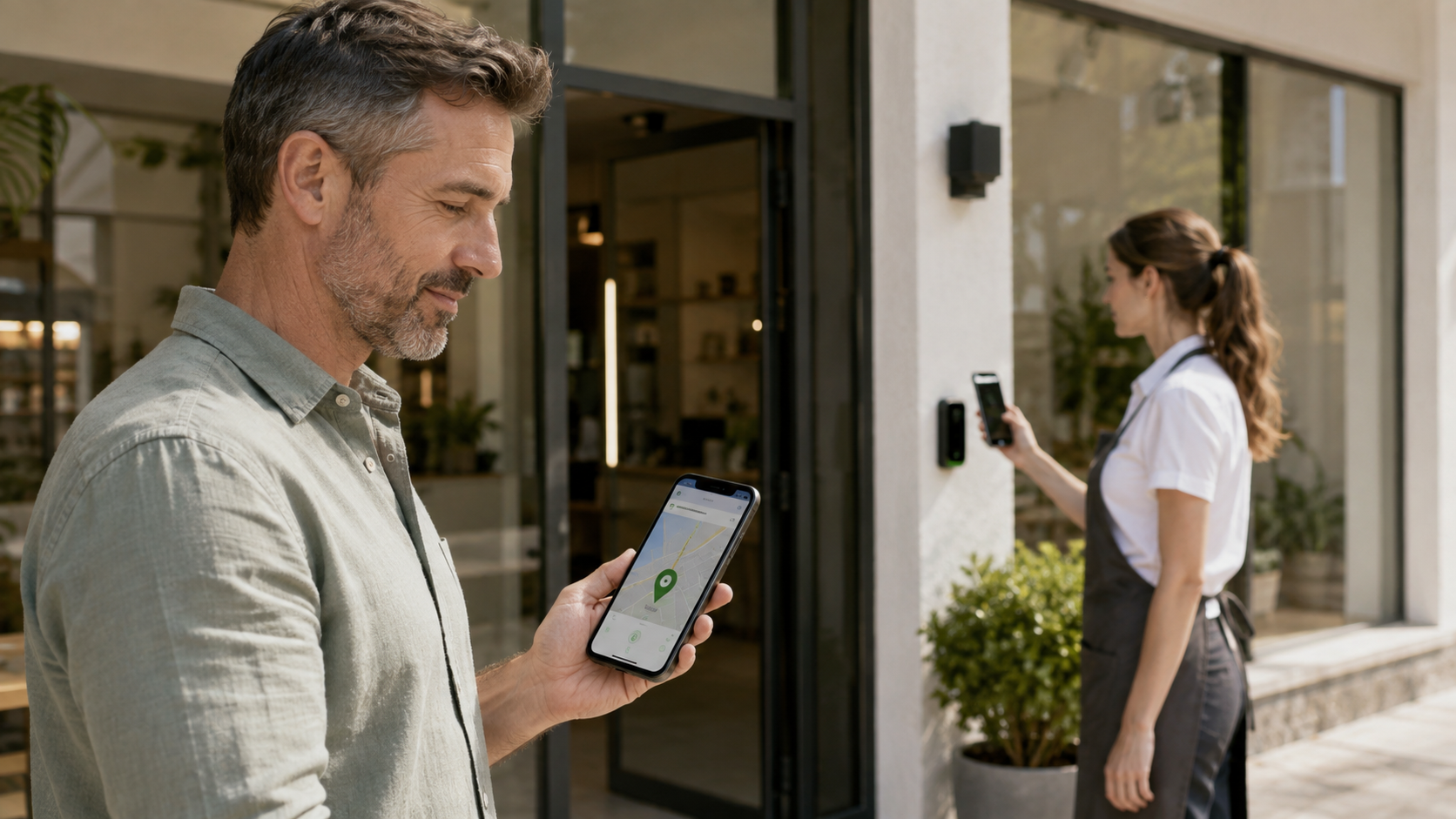 A business owner checking a location map while an employee checks in.