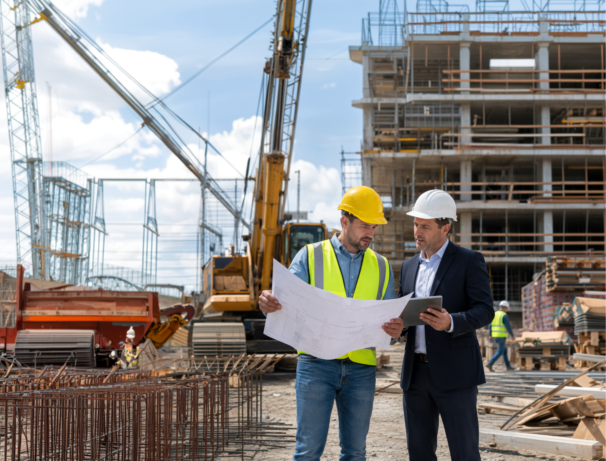 Construction managers reviewing plans at a work site.